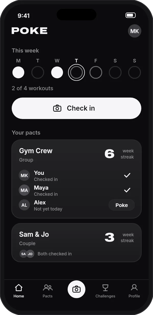 POKE home screen: this week's progress, a Check in button and a pact called Gym Crew with a 6-week streak.