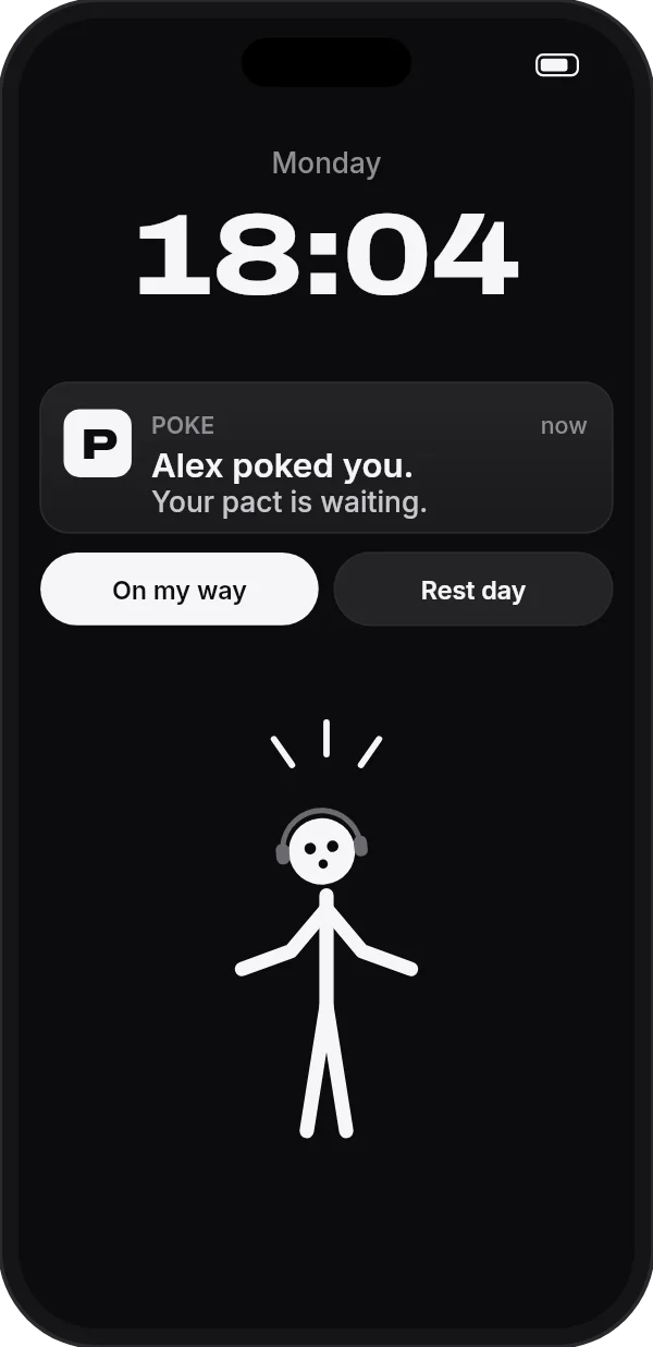 Lock screen notification: Alex poked you. Your pact is waiting. With On my way and Rest day buttons.